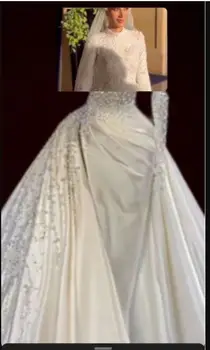 Verngo Luxusné Perly Vysoká Krku Dubaj arabské Ženy, Svadobné Šaty S Odnímateľnou Vlak Záhybov Svadobné Šaty Župan mariage de