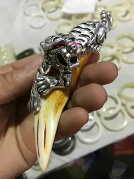 Hot Predaj Čínskych Starožitné Kance Zub Wild Hog Silver Dragon Ochranné Náhrdelník Prívesok Talizman