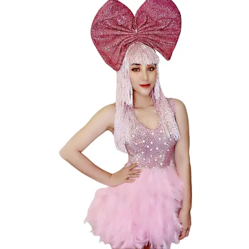 Iskrivý Drahokamu Ružová Backless Perie Šaty Žien Narodeninovej Party Šaty Headdress Zobraziť Výkon Nočný Klub Bar Tanečné Kostýmy