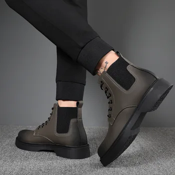 Britský štýl mužov voľný čas platformu topánky krajky-up šedé topánky strany hostiny, kovboj jeseň zima boot prírodná koža členok botas