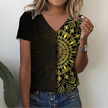 2023 Tlač Krátky Rukáv Topy Sexy Ženy V Krku T Košele Luxusné Dekoračné Mandala Dizajn Printed Tee Tričko
