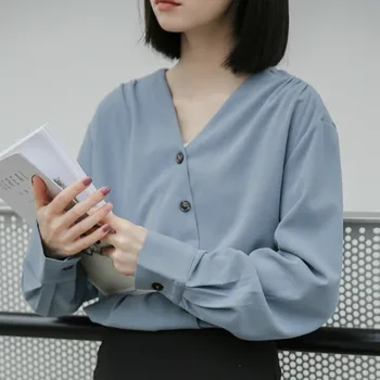 2020 Jar Ženy Elegantné Blúzky, Kórejský Módneho Tvaru Singel Svojim Tričko S Dlhým Rukávom Blue/White Bežné Topy Žena