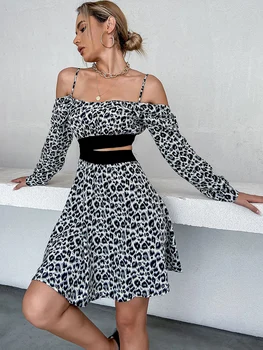 2022 Jeseň dámske Oblečenie Nové Traky Dlho puzdre Elegantné Leopard Tlač Sexy Pás Šaty 2022
