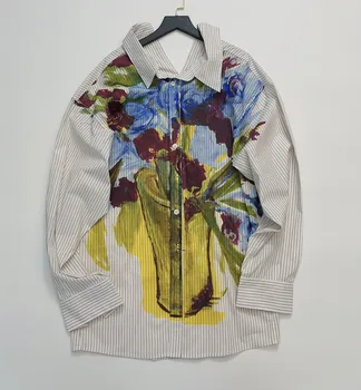 Ženy Košeľu na Jar a v Lete Nový Kvetinový Maľovanie Pruhované Tričko