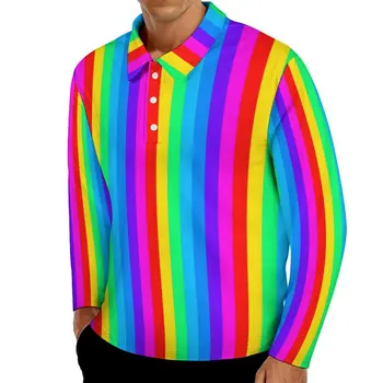 Rainbow Prekladané Bežné T-Shirts Farebné Tlač Polo Košele, Mens Streetwear Tričko Jar Dlhý Rukáv Dizajn Top Big Veľkosť 5XL 6XL