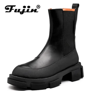 Fujin Chelsea Boots Pošmyknúť na pravej Kože Ženy, Topánky, Členkové Topánky na Jeseň Zima Motocykel Punk Platformu Päty Topánky Botičky