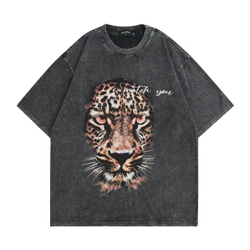 2022 High Street-Krátke rukávy Umývanie Staré Retro Leopard Muži T-shirt Tmavé Hip-hop Bežné Pol rukávom pánske Oblečenie Y2k Unisex Top