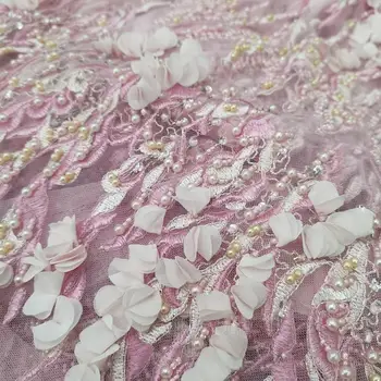 Luxusný Dizajn Afriky Ružová Ťažké Korálkové Čipky Textílie vyrábané Ručne Vyšívané Modrá 3D Kvet Tylu Oka s Flitrami Šitie Materiálov