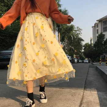 2022 v lete žltý kvet čipky sukne žena vysoký pás oka dlhé sukne ženy elegantné tylu sukne sladké roztomilý sukne