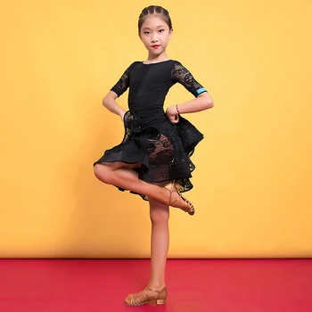 Móda Čipky O-krku Sála Deti latinskej tanca jednodielne šaty pre dievča/chlapec,Kostým praxi výkon nosí G3297
