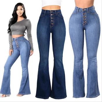 Ženy Jeseň Elastické Plus Voľné Denim Vrecku Tlačidlo Vysoký Pás Džínsy nové Vrecko Tlačidlo Bežné Boot Cut Nohavice Rifle jeans
