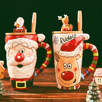 Vianočný Keramický Hrnček Elk Santa Vianočný Darček Pár Šálok 600 ml Veľkú Kapacitu Cartoon Office Vody Šálku Kávy S Vekom Lyžica